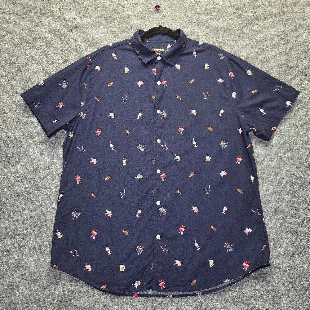 Express Shirt Men Large Blue Patriotic BBQ Graphic Short Sleeve Button Up Cotton